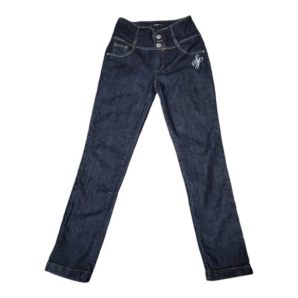 Southpole High Waist  Jeans Size 11 Stretch Denim Dark Blue Wash Embellished - Picture 1 of 9